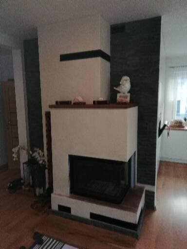Nowoczesny kominek z czarnym panelem, ozdobiony figurką sowy, w jasnym wnętrzu. Widoczna część podłogi i fragment wystroju pokoju.