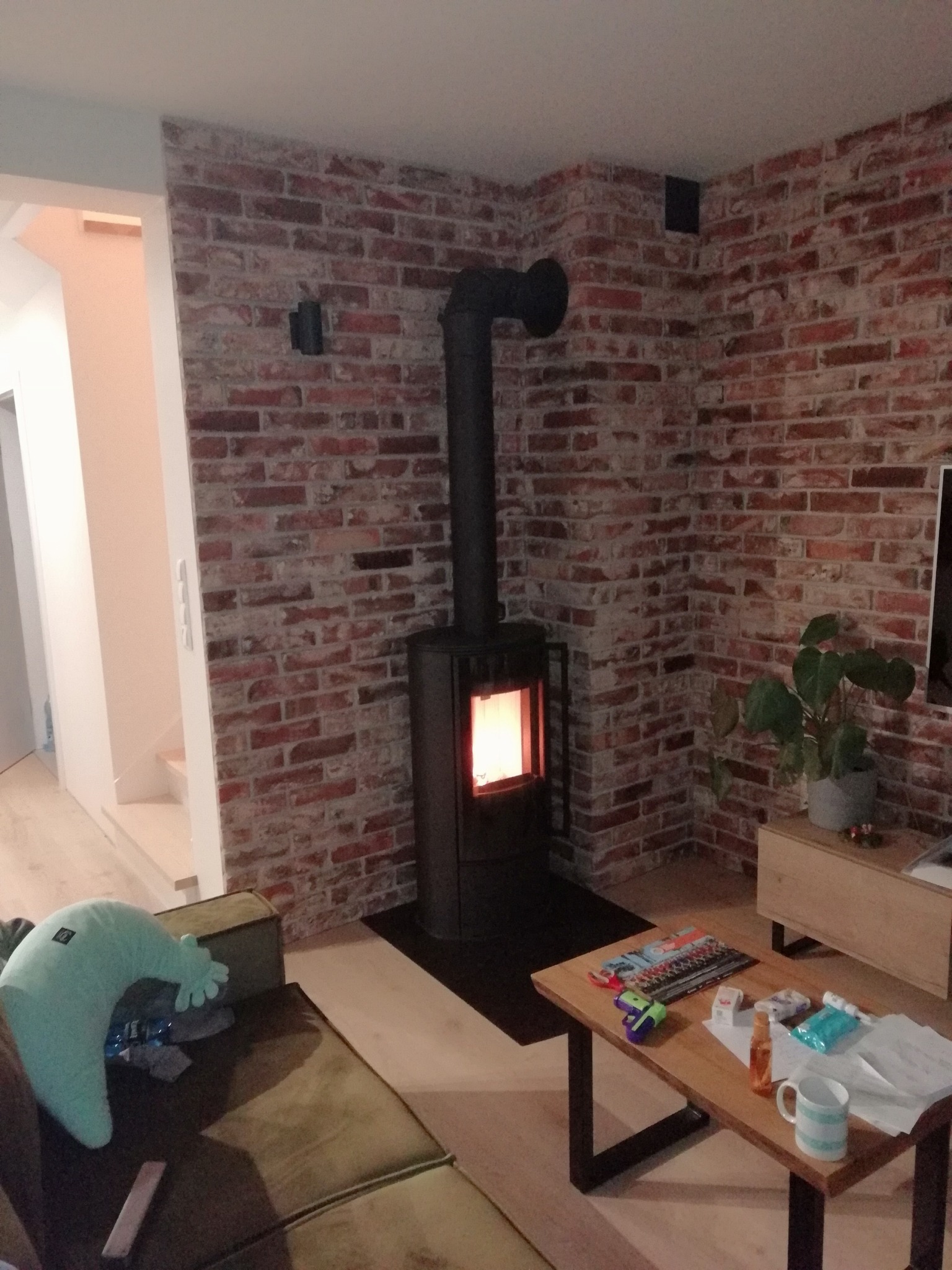 Nowoczesny, czarny piec wolnostojący z widocznym płomieniem, umieszczony na tle ściany z czerwonej cegły w salonie. Obok stolik kawowy i kanapa.