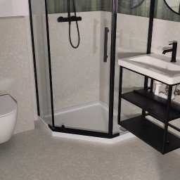 Tomasz Górski - Nowoczesna łazienka z kabiną prysznicową z czarnymi profilami, umywalką na czarnym metalowym stelażu i zielonymi płytkami na ścianie