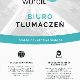 Grafika reklamowa biura tłumaczeń Wordit, z logo firmy na tle szarych wieżowców i hasłem 'Words connecting worlds'.