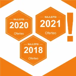 Grafika z trzema pomarańczowymi heksagonami z napisem 'NAJLEPSI' i rokiem 2018, 2020, 2021 oraz logo Oferteo, obok wykrzyknik.