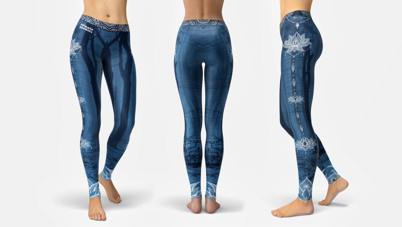 Trzy ujęcia legginsów sportowych marki Hippie Habits z motywem leśnym i kwiatem lotosu, prezentowane na modelce na białym tle.