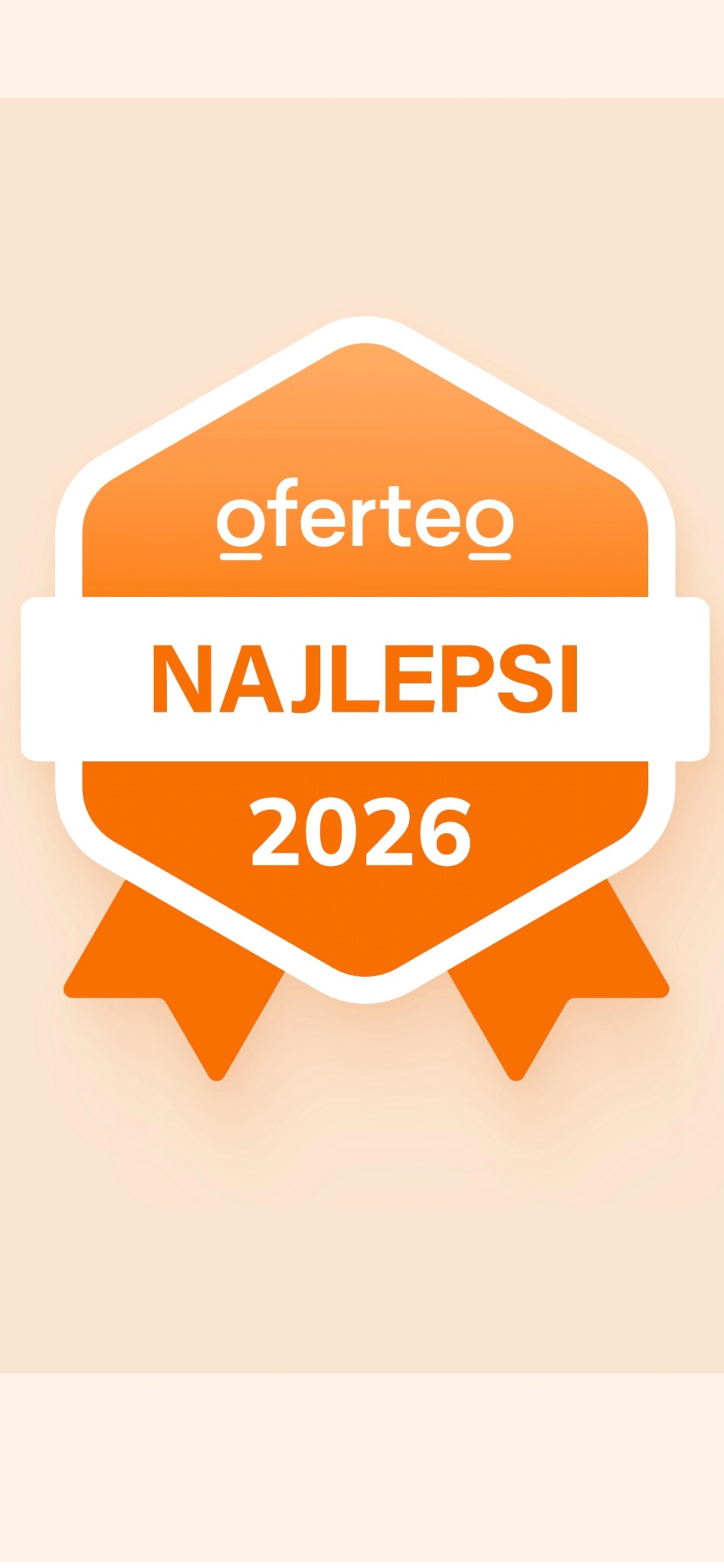 Pomarańczowa odznaka Oferteo 'Najlepsi 2026' na jasnym tle. Grafika z logo i rokiem, symbolizująca wyróżnienie lub nagrodę.