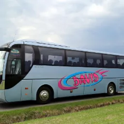 Autokar turystyczny MAN Lion's Coach w jasnoniebieskim kolorze z dużym, różowo-błękitnym napisem 'DAVID' na boku, zaparkowany na poboczu drogi.