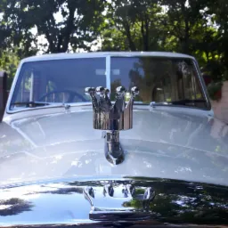 Przód zabytkowego, kremowego samochodu z chromowaną figurką korony na masce, widok z dołu, drzewa w tle.