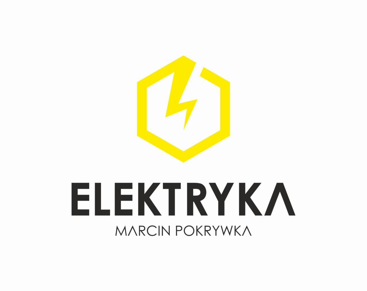 Logo firmy elektrycznej: żółty sześciokąt z symbolem błyskawicy, poniżej czarny napis ELEKTRYKA Marcin Pokrywka.