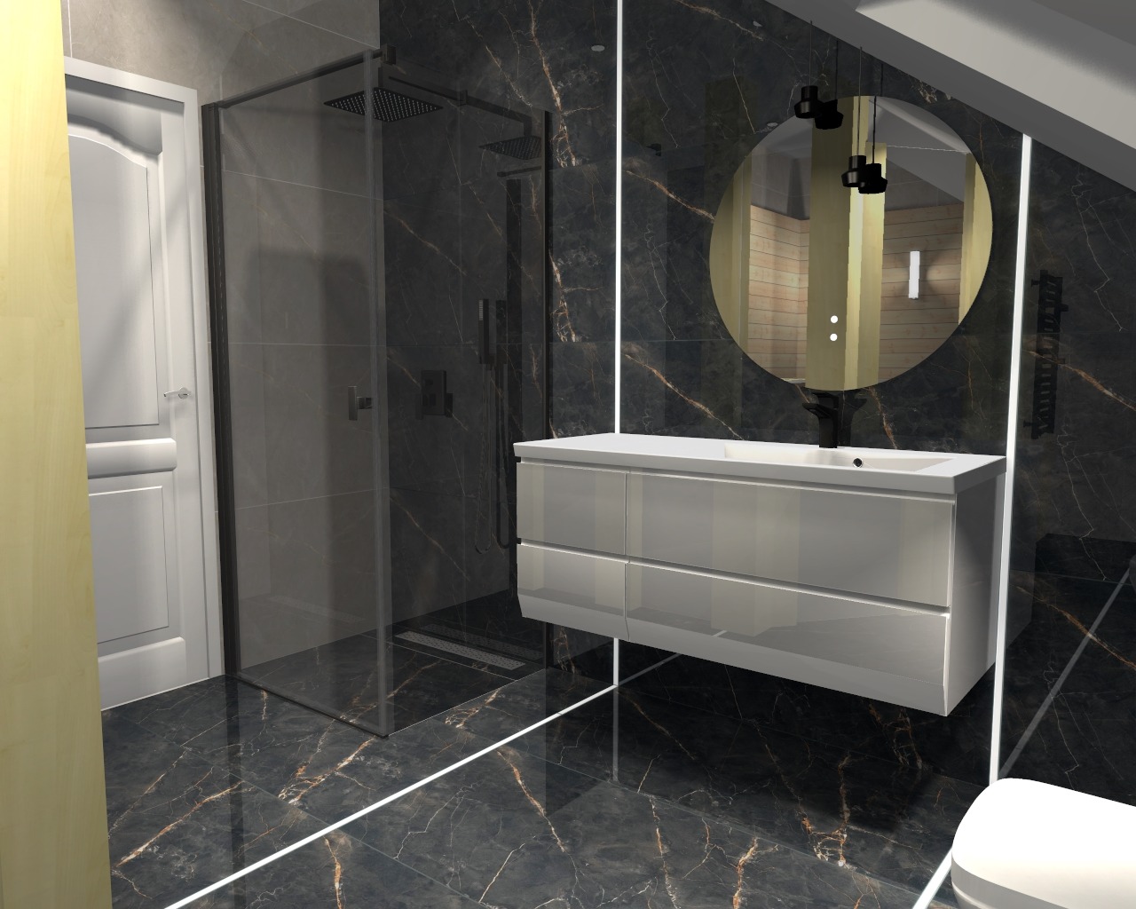 Wizualizacja łazienki z czarnymi marmurowymi płytkami, kabiną prysznicową typu walk-in, białą szafką pod umywalkę z owalnym lustrem podświetlanym od tyłu oraz czarną armaturą.
