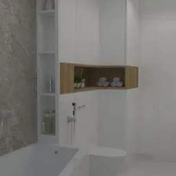 Wizualizacja wykończonej łazienki z wanną, umywalką, toaletą w zabudowie, szarą ścianą imitującą kamień i drewnianymi elementami szafek.