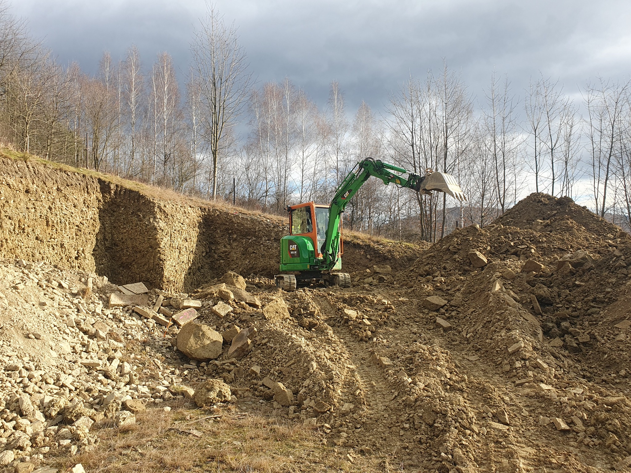 Zielona minikoparka CAT 303.5E pracuje na terenie budowy, widoczny wykop w ziemi i usypana pryzma ziemi z kamieniami, w tle drzewa bez liści i pochmurne niebo.