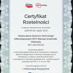 Skan certyfikatu rzetelności firmy Nowoczesne Centrum Technologii Informatycznych NCTI Mariusza Grzesińskiego z Wieliczki, potwierdzający brak przeterminowanych zobowiązań w Krajowym Rejestrze...
