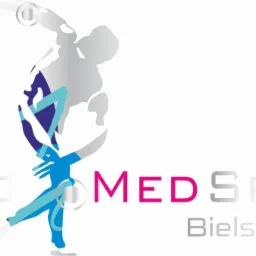 Logo firmy Orto Med Sport z Bielsko-Białej, przedstawiające sylwetkę sportowca w kolorach szarym, niebieskim i różowym.