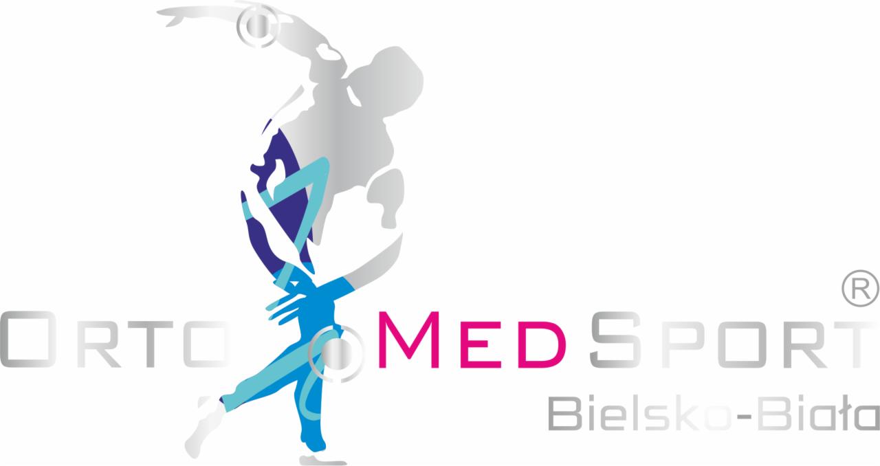 Logo firmy Orto Med Sport z Bielsko-Białej, przedstawiające sylwetkę sportowca w kolorach szarym, niebieskim i różowym.
