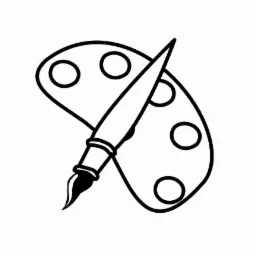 Czarno-biała ikona przedstawiająca pędzel malarski leżący na palecie z okrągłymi zagłębieniami na farby.