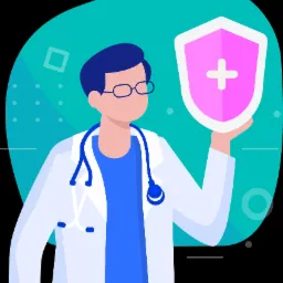 Ilustracja wektorowa przedstawiająca lekarza w białym kitlu i stetoskopem, trzymającego w dłoni tarczę z symbolem plusa, symbolizującą ochronę zdrowia i ubezpieczenie.