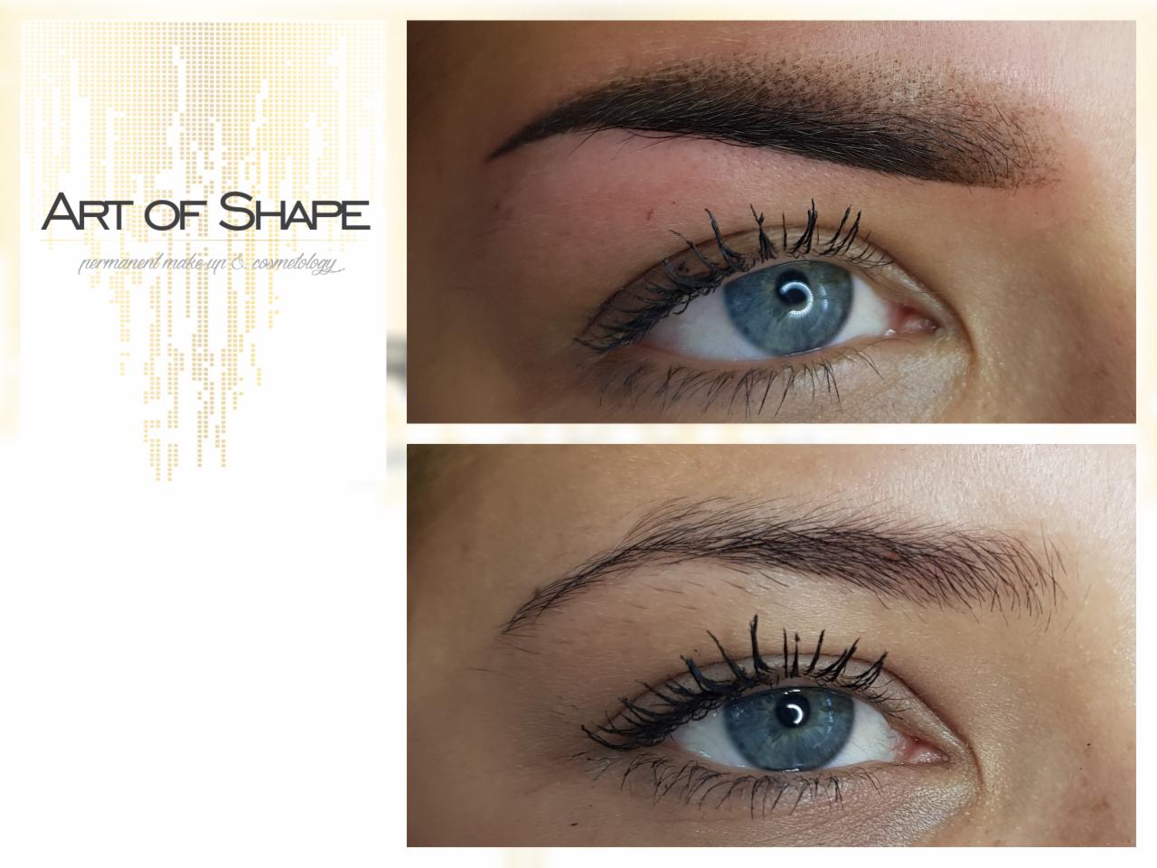 Zbliżenie na oko z wykonanym makijażem permanentnym brwi, widoczne różnice w kształcie i kolorze przed i po zabiegu, niebieska tęczówka, długie rzęsy z tuszem.