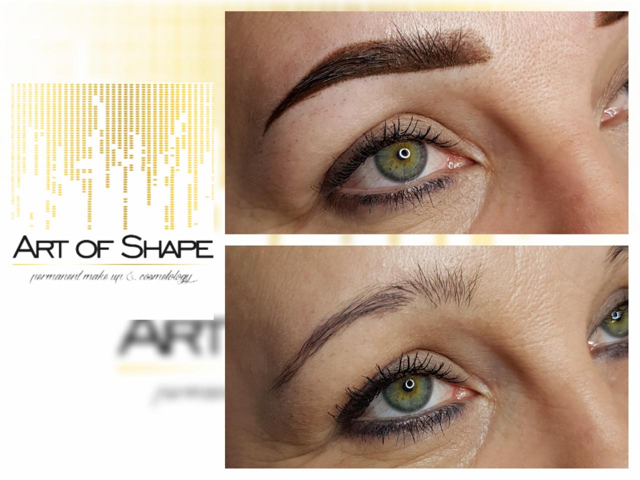 Dwa ujęcia oka z brwiami przed i po zabiegu makijażu permanentnego. Na górnym ujęciu brwi są świeżo po zabiegu, mają wyraźny, brązowy kolor i zarys. Na dolnym ujęciu brwi są jaśniejsze i bardziej...