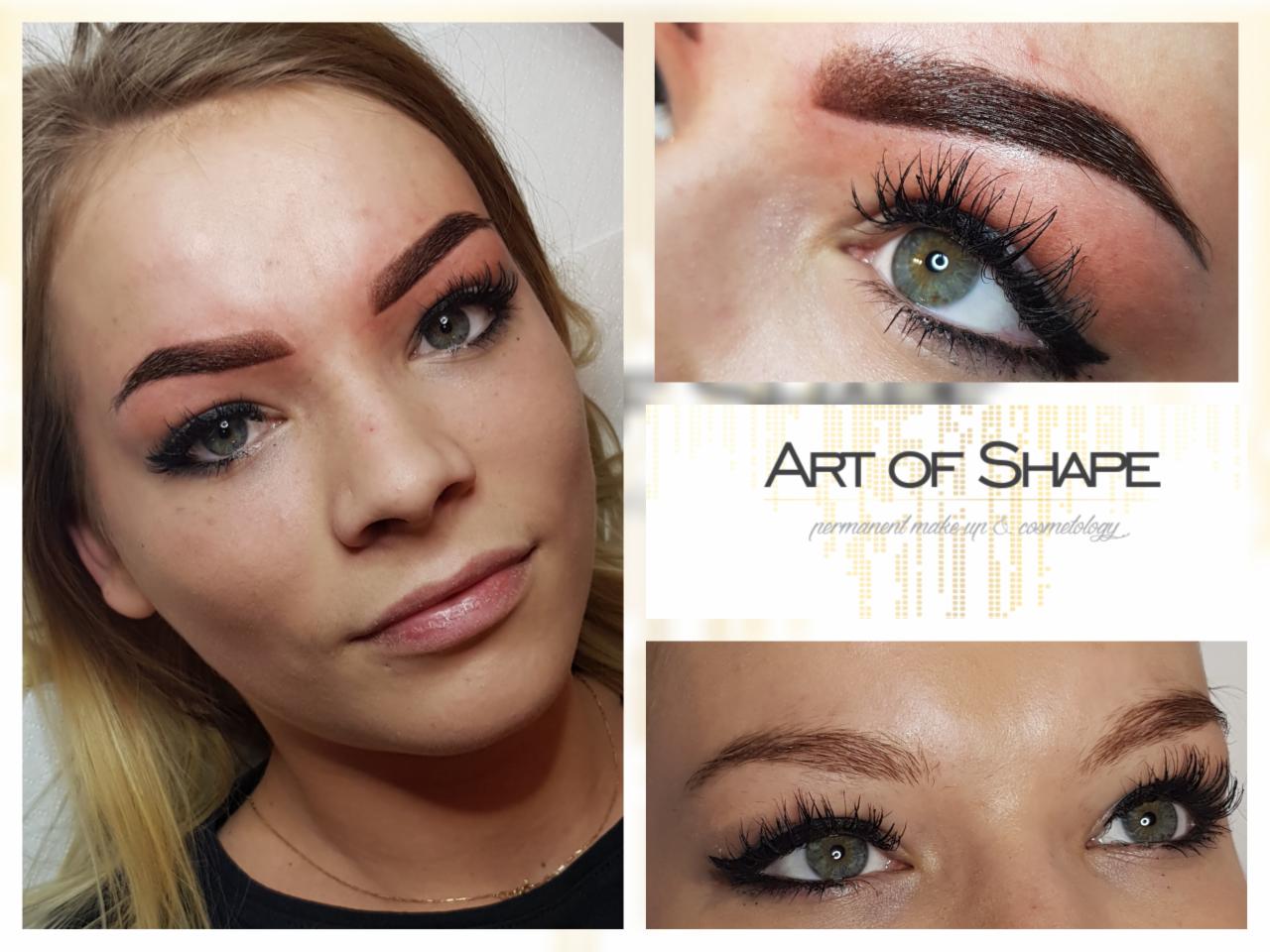 Kolaż: Twarz kobiety z makijażem permanentnym brwi, zbliżenie na oko z makijażem permanentnym i logo 'Art of Shape permanent make-up & cosmetology'.