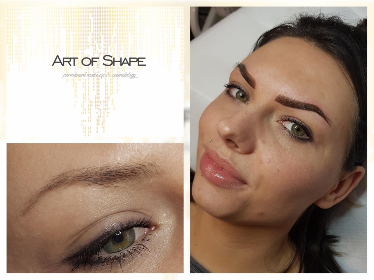 Portret kobiety z makijażem permanentnym brwi i ust, widoczne zbliżenie na oko z delikatnym makijażem oraz logo firmy 'Art of Shape' w lewym górnym rogu.