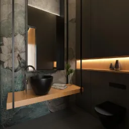 Nowoczesna łazienka z czarną umywalką nablatową, drewnianym blatem wiszącym na metalowych prętach, toaletą w kolorze czarnym, podświetlaną półką i ścianą z motywem kwiatowym.