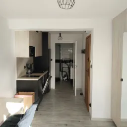 Nowoczesne wnętrze mieszkania z aneksem kuchennym w odcieniach bieli, szarości i czerni, z widocznymi lampami sufitowymi w stylu industrialnym i szarymi płytkami podłogowymi imitującymi drewno.