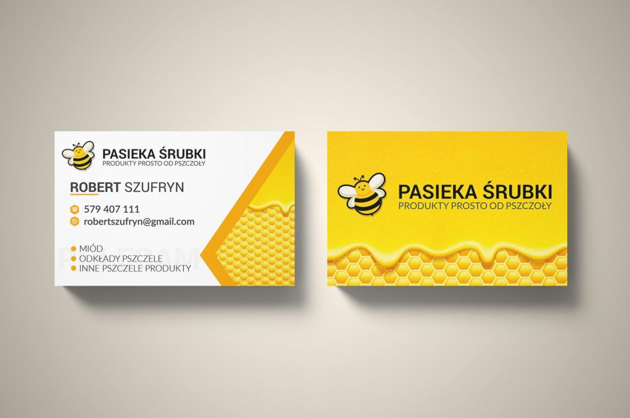 Dwie wizytówki z motywem plastra miodu i pszczoły, branding firmy pszczelarskiej 'Pasieka Śrubki'.