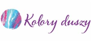 Logo firmy 'Kolory duszy' z okrągłym symbolem po lewej stronie, przedstawiającym abstrakcyjne połączenie błękitu, bieli i fioletu, imitujące marmurkową strukturę.