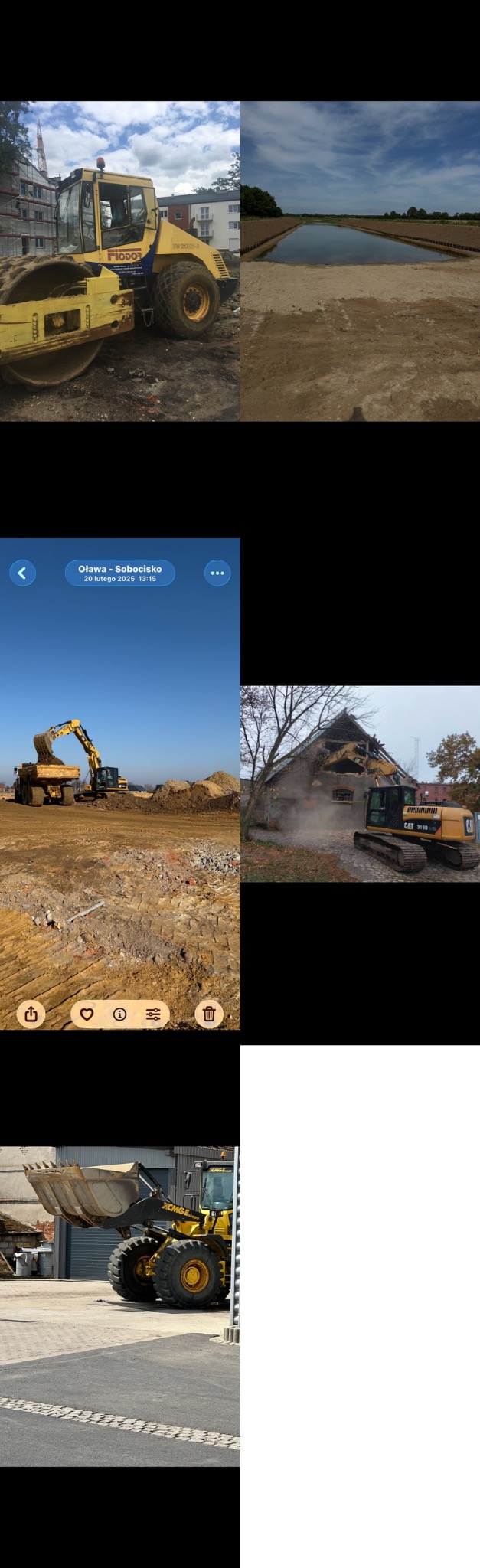 Kompozycja zdjęć z budowy: walec drogowy, wykopany staw, praca koparki i wyburzanie budynku. Żółte maszyny budowlane w akcji na tle nieba i zabudowań.