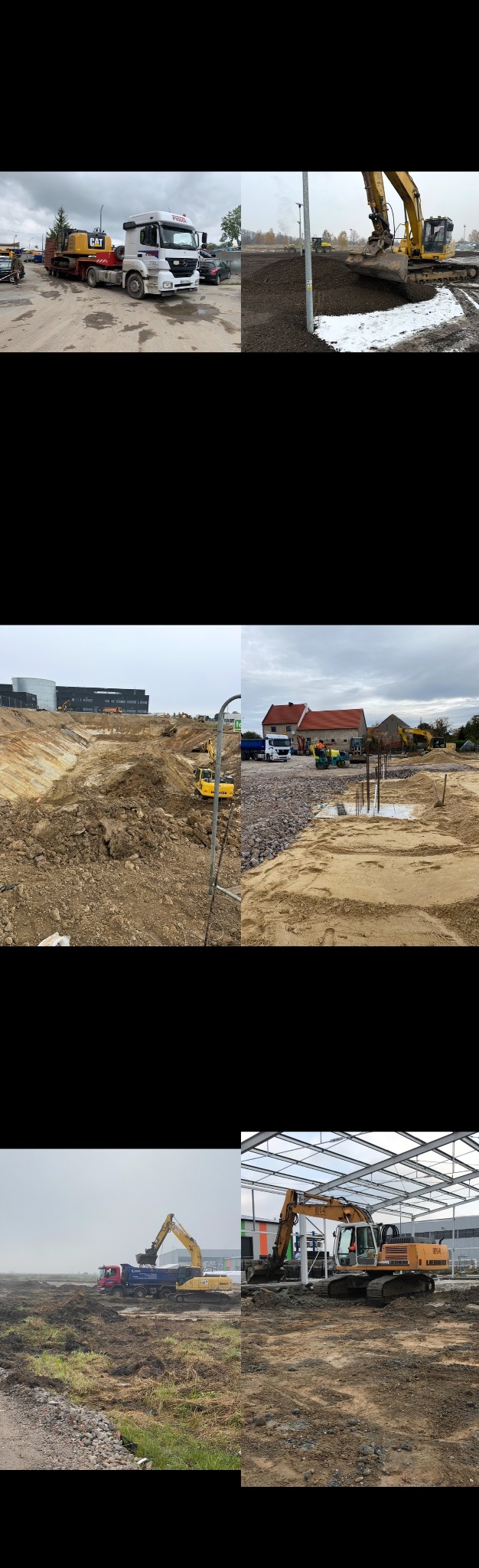 Szeroki kadr na plac budowy z kilkoma maszynami: koparki, ciężarówki. W tle budynki w trakcie budowy. Prace ziemne w toku, widoczne wykopane doły i hałdy ziemi.