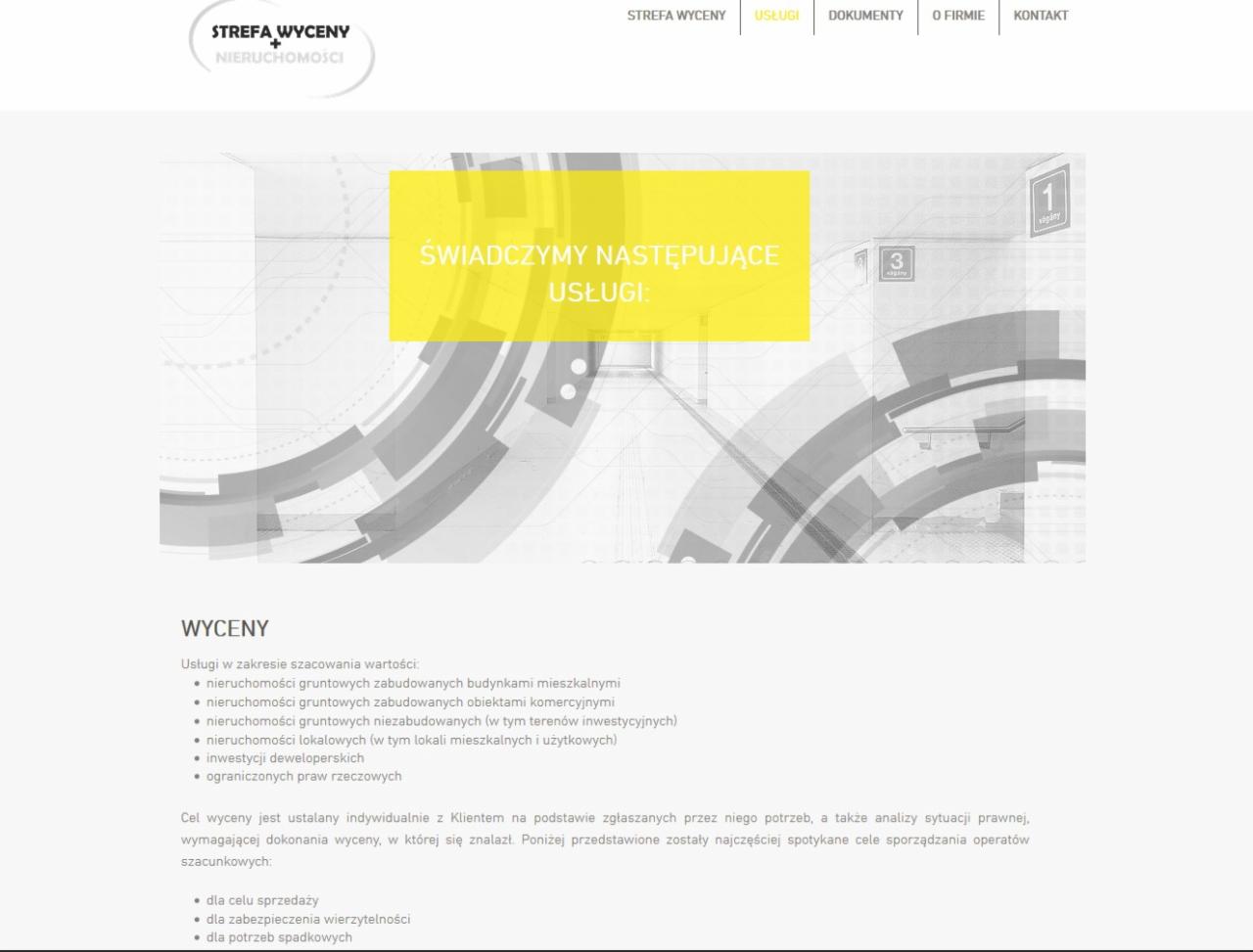 Strona internetowa firmy oferującej usługi szacowania wartości nieruchomości, z logotypem w lewym górnym rogu i hasłem 'Świadczymy następujące usługi:' na żółtym tle.