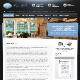 Strona internetowa firmy Stol-Kam Serwis Okien, oferującej naprawę i serwis okien i drzwi, z zakładkami menu: Naprawa i Serwis, Usługi, Certyfikaty i Referencje, Realizacje, Akcesoria, Kontakt...