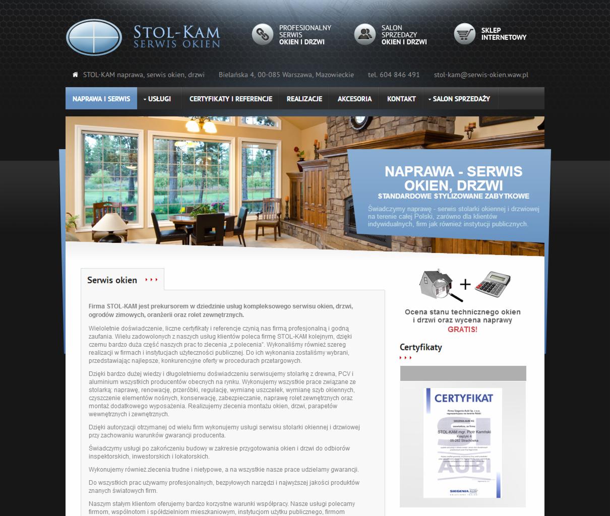 Strona internetowa firmy Stol-Kam Serwis Okien, oferującej naprawę i serwis okien i drzwi, z zakładkami menu: Naprawa i Serwis, Usługi, Certyfikaty i Referencje, Realizacje, Akcesoria, Kontakt...