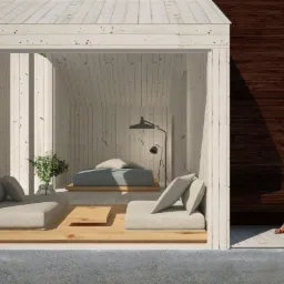 Wizualizacja wnętrza minimalistycznego domku letniskowego z drewnianą konstrukcją, jasnymi ścianami i podłogą, z leżankami, łóżkiem i lampą, kobieta siedząca na zewnątrz na tle ciemnej drewnianej...