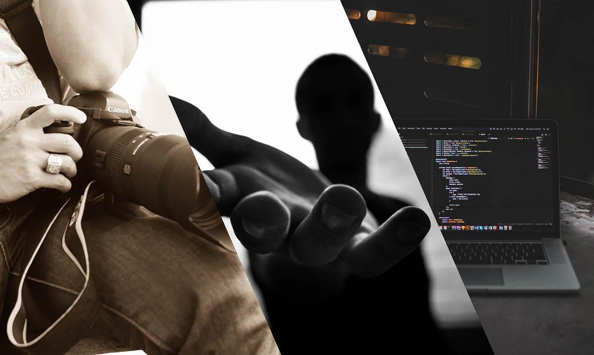 Tryptyk: fotograf z aparatem Canon, wyciągnięta dłoń w czerni i bieli, laptop z kodem na ekranie.