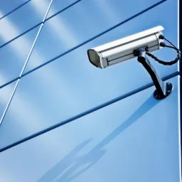 Zewnętrzna kamera monitoringu zamontowana na nowoczesnej, błękitnej elewacji budynku z paneli kompozytowych.