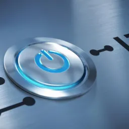 Podświetlony na niebiesko przycisk zasilania na metalowej powierzchni z napisem 'IT' i schematycznymi liniami obwodu.