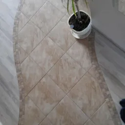 Ułożona pod skosem beżowa podłoga z płytek ceramicznych, obrzeże wykończone mozaiką, obok drewnopodobne panele, w rogu doniczka z rośliną.