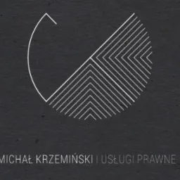 Eleganckie logo kancelarii prawnej: półokrąg i geometryczny wzór z linii na ciemnoszarym tle z tekstem 'Michał Krzemiński | Usługi Prawne'.