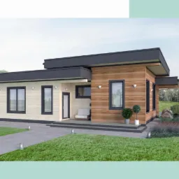 Wizualizacja parterowego domu z bali z drewnianą elewacją, płaskim dachem i szarymi ramami okiennymi, otoczonego trawnikiem i ścieżką z kostki.