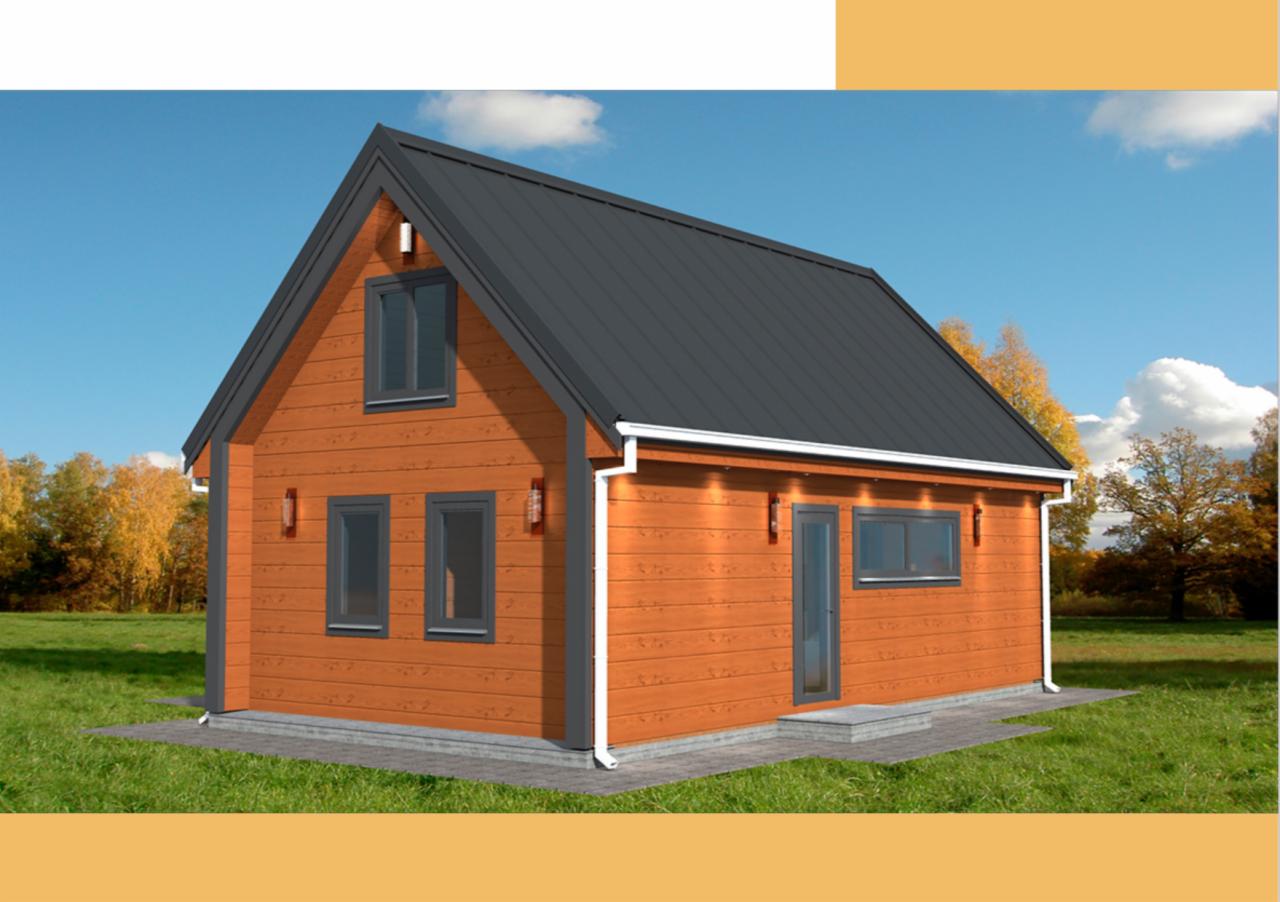 Wizualizacja małego, parterowego domu z bali z ciemnoszarą blachodachówką, grafitowymi oknami i drzwiami, oraz zewnętrznymi lampami ściennymi w stylu retro.