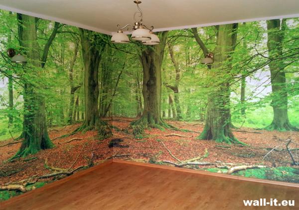 Pokój z fototapetą przedstawiającą gęsty las liściasty w słoneczny dzień, z widoczną podłogą z paneli i lampą sufitową.