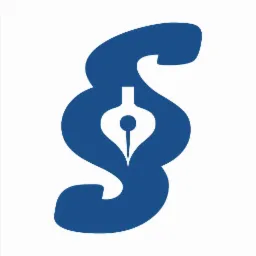 Stylizowany paragraf w kolorze niebieskim z piórem wewnątrz, na białym tle.