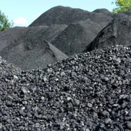 Góra węgla kamiennego, drobny i gruby sort, widoczne hałdy na tle błękitnego nieba i zieleni drzew.