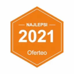 Pomarańczowa odznaka z napisem 'NAJLEPSI 2021 Oferteo' na białym tle.
