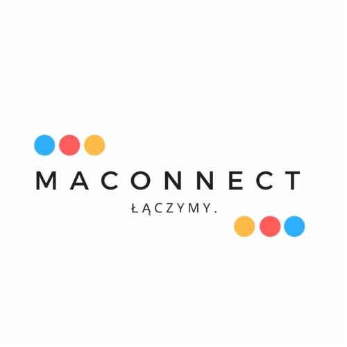 Logo firmy MAConnect z hasłem 'Łączymy' i trzema kolorowymi kropkami (niebieska, czerwona, żółta) u góry i na dole napisu.