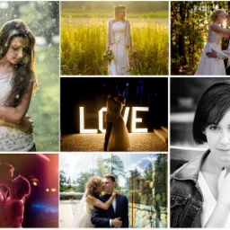 Kolaż zdjęć przedstawiający różne pary i kobiety w różnych sceneriach, w tym w deszczu, na łące, w lesie i na tle napisu LOVE