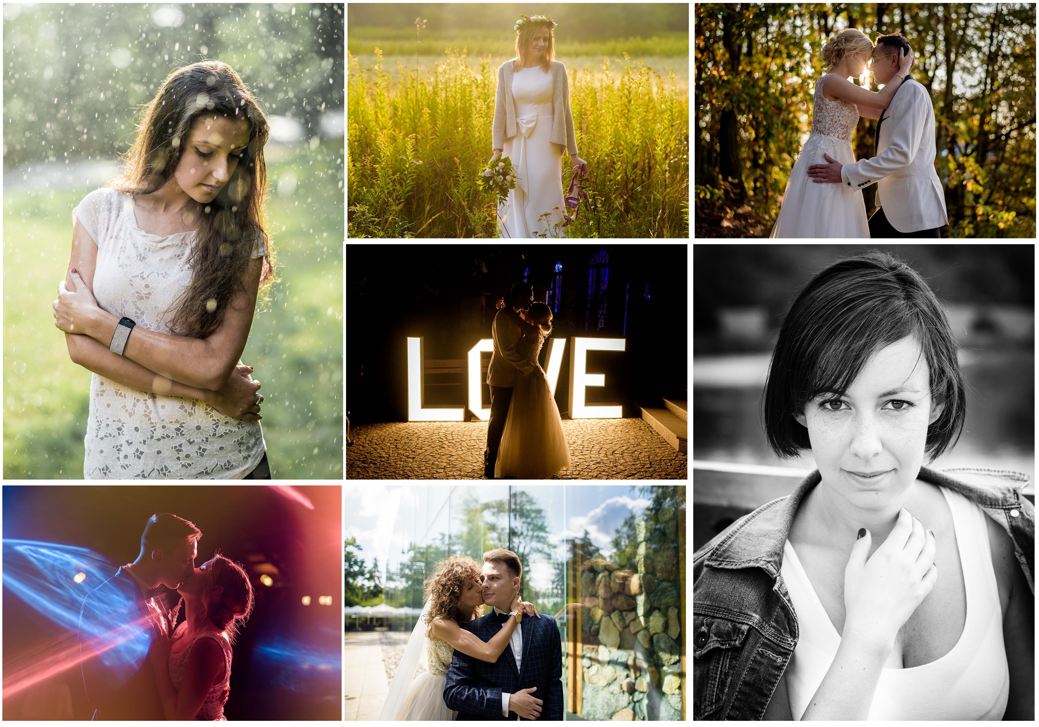 Kolaż zdjęć przedstawiający różne pary i kobiety w różnych sceneriach, w tym w deszczu, na łące, w lesie i na tle napisu LOVE