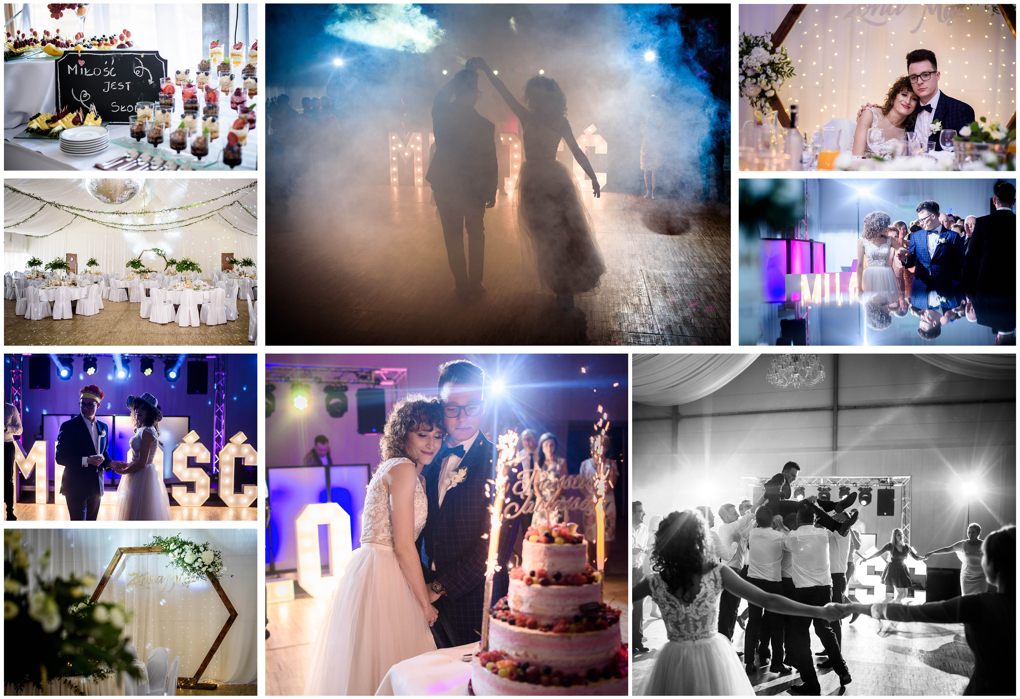 Kolaż z wesela: dekoracje sali, tort z fontannami iskier, para młoda podczas pierwszego tańca w oparach dymu, detale dekoracyjne, uroczyste obiady.