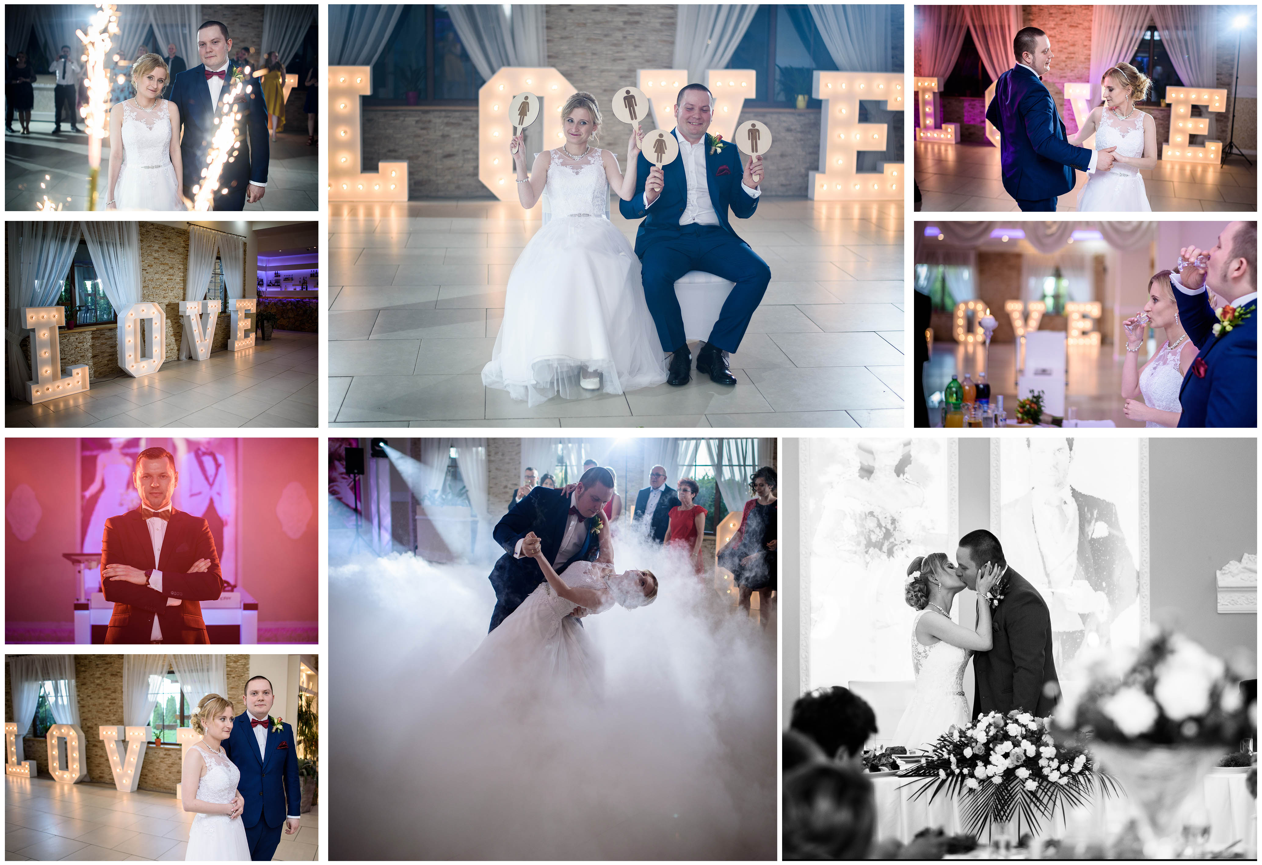 Kolaż zdjęć ze ślubu: para młoda z fontannami iskier, z rekwizytami, podczas pierwszego tańca we mgle, oraz całująca się para na tle portretu.