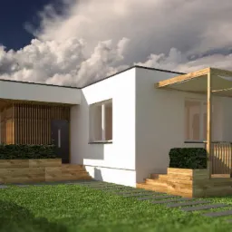 Wizualizacja parterowego domu z płaskim dachem, drewnianymi elementami elewacji i tarasem z pergolą, otoczonego zielenią i ścieżką z płyt.