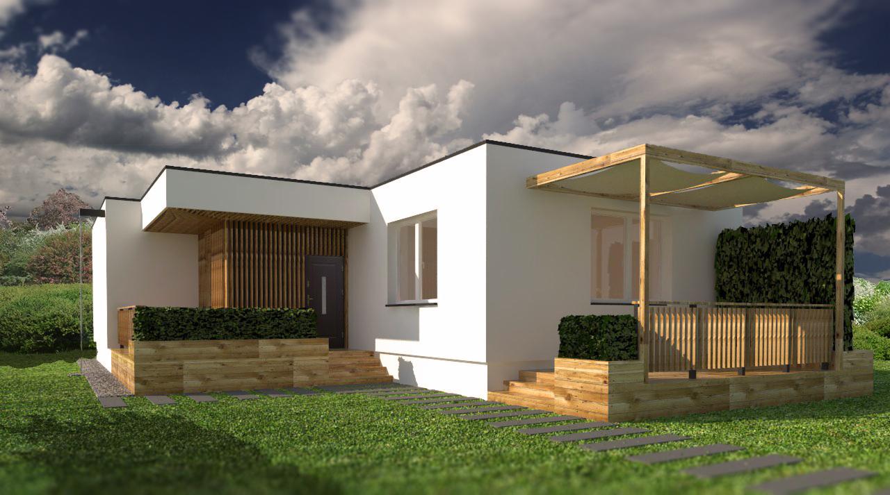 Wizualizacja parterowego domu z płaskim dachem, drewnianymi elementami elewacji i tarasem z pergolą, otoczonego zielenią i ścieżką z płyt.